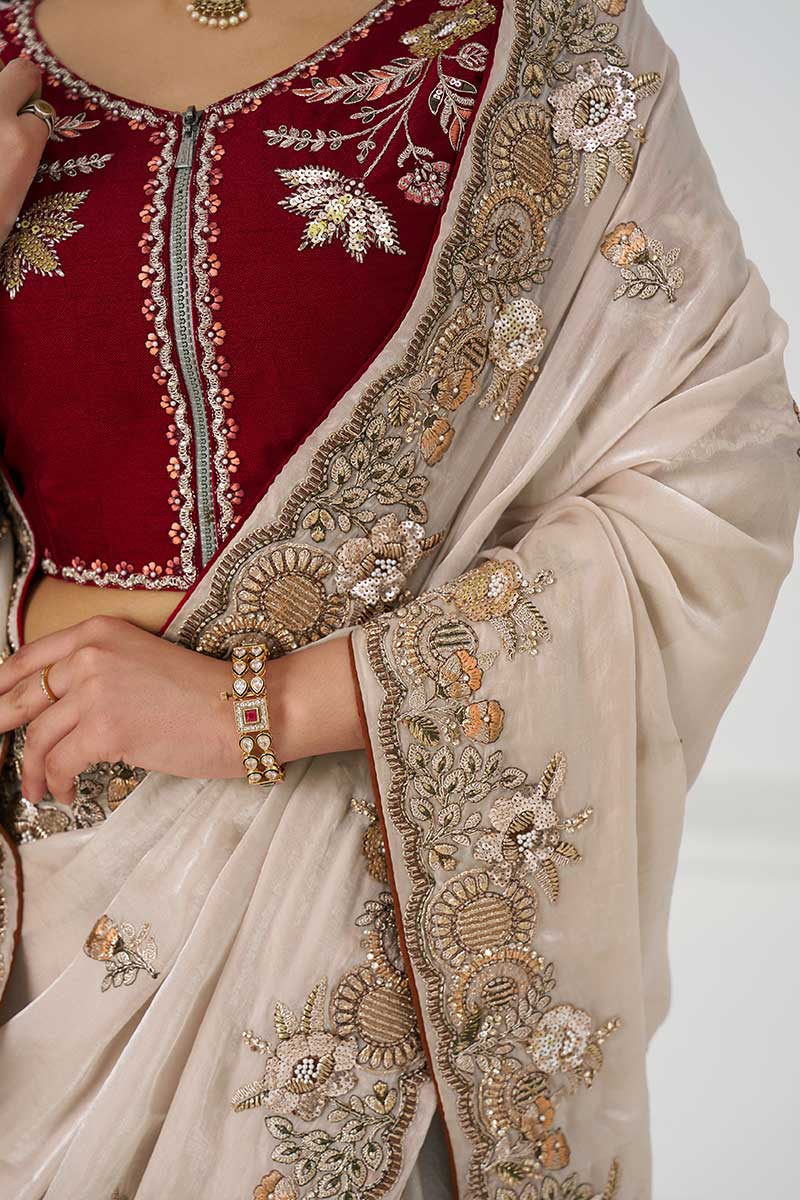 Pure Fendi Silk Saree in Chiku with Handcrafted Zari & Sequin Detailing KSR