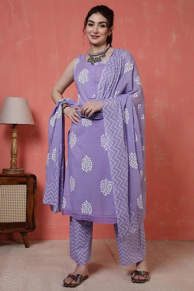 Purple Floral Printed Cotton Kurta Set with Print Dupatta KSF