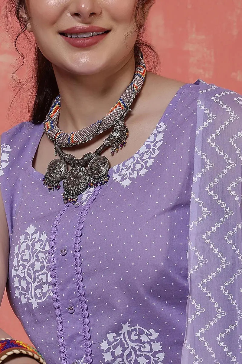 Purple Floral Printed Cotton Kurta Set with Print Dupatta KSF