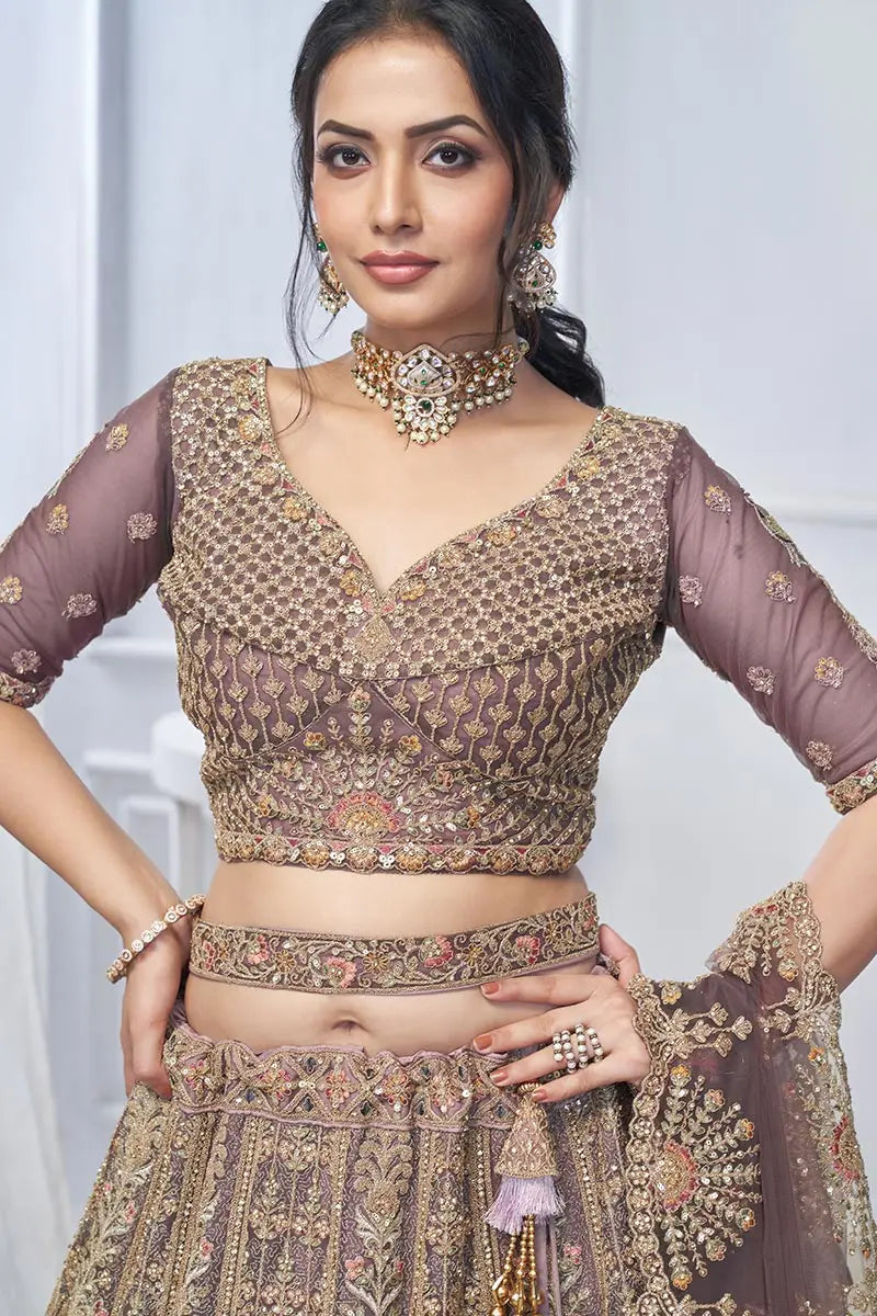 Purple Heavy Embroidered Bridal Lehenga with Mirror & Zari Detailing KSR