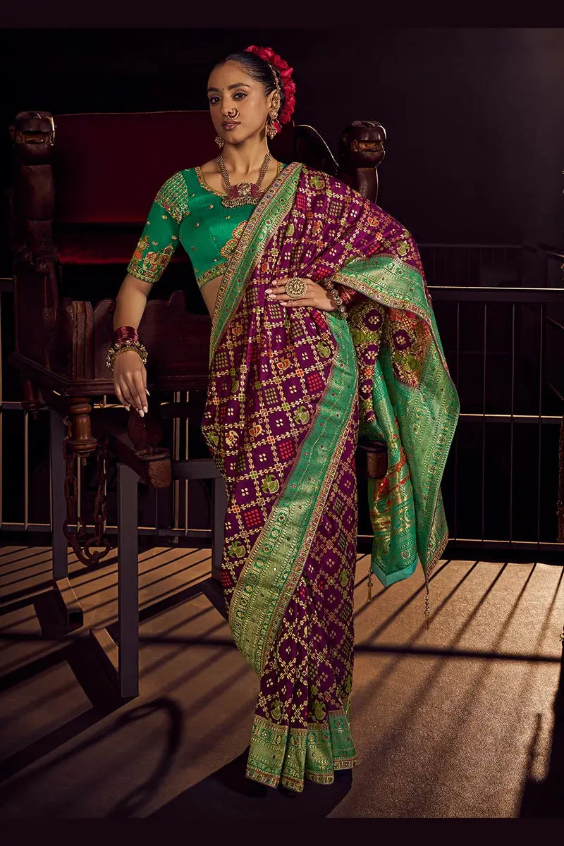 Purple Patola Banarasi Saree with Golden Zari Weave – Bridal & Festive Wear VA