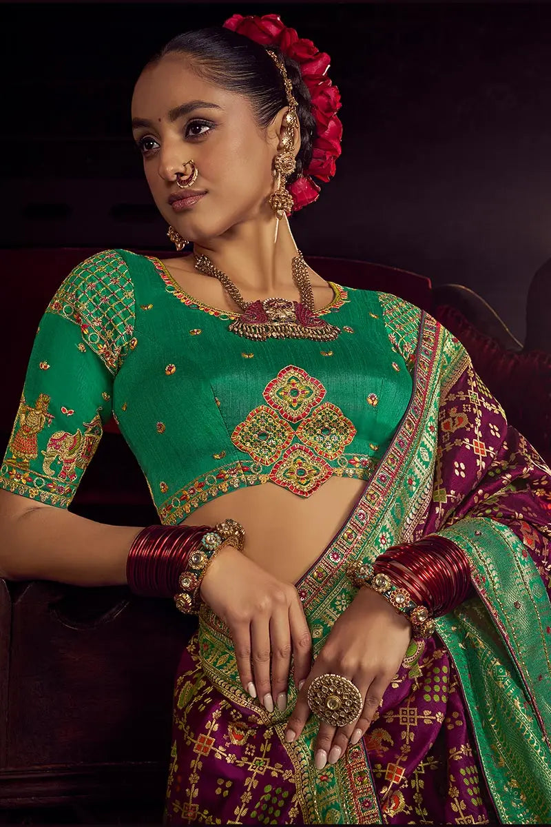 Purple Patola Banarasi Saree with Golden Zari Weave – Bridal & Festive Wear VA