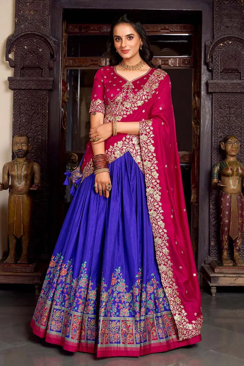 Purple & Pink Embroidered Silk Lehenga Set with Zari Detailing RTI