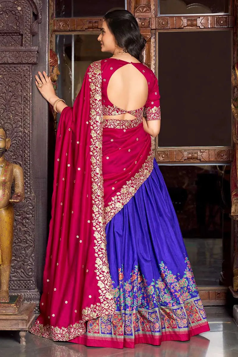 Purple & Pink Embroidered Silk Lehenga Set with Zari Detailing RTI