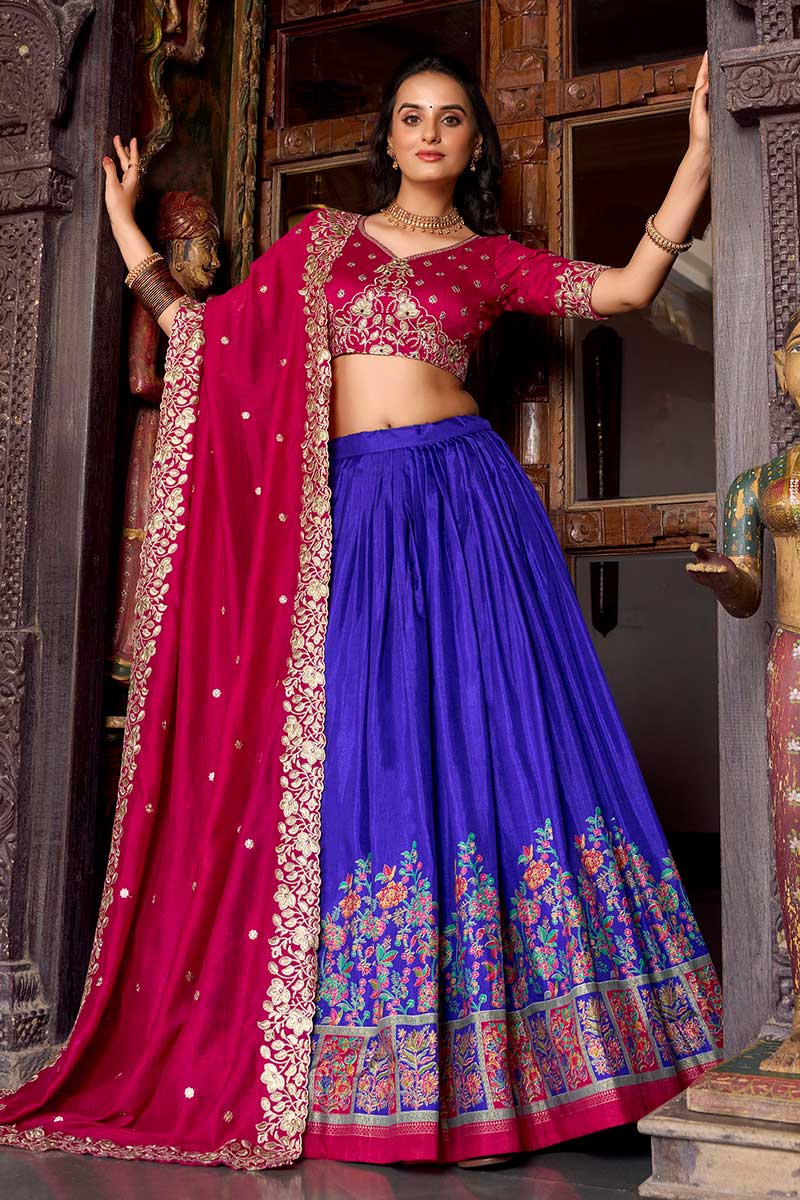 Purple & Pink Embroidered Silk Lehenga Set with Zari Detailing RTI