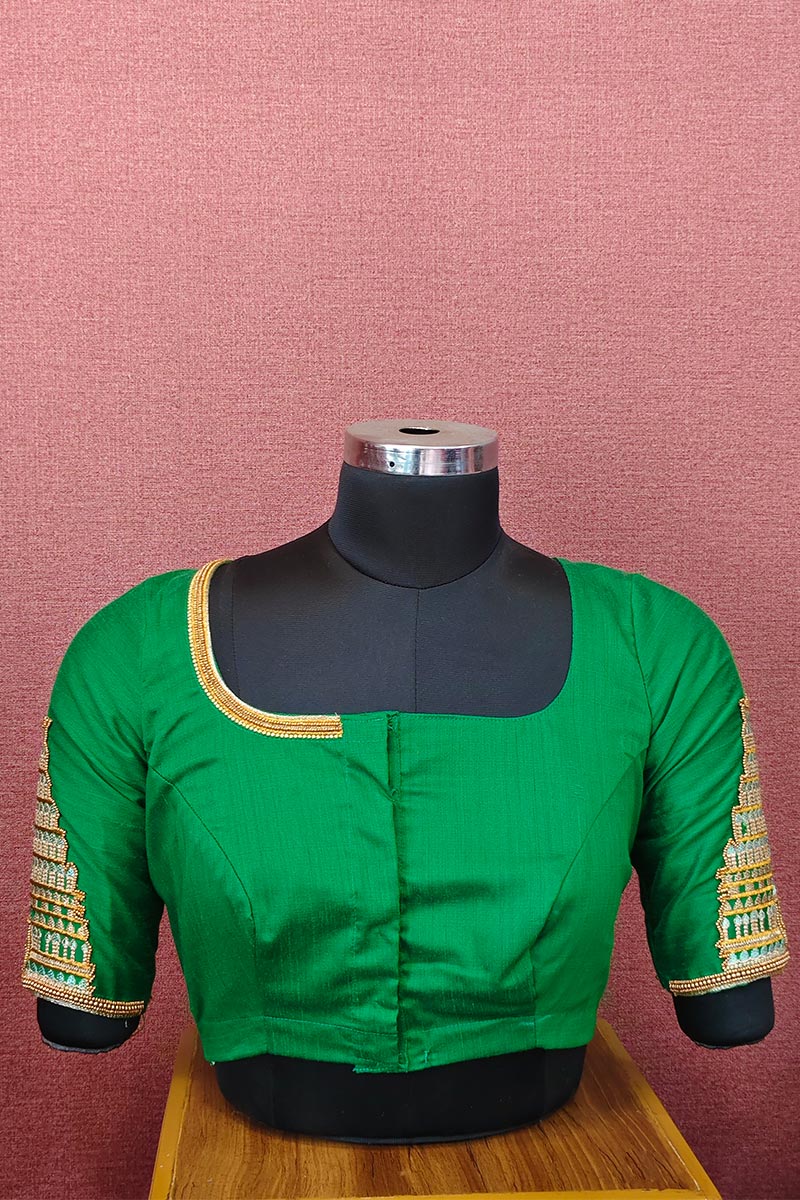 Traditional Green Temple Embroidery with Bead Work Blouse RB