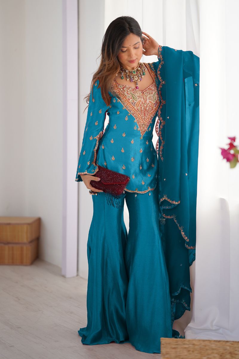 Teal Blue Heavy Simar Silk Embroidered Sharara Suit Set with Dupatta RTI