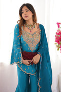 Teal Blue Heavy Simar Silk Embroidered Sharara Suit Set with Dupatta RTI