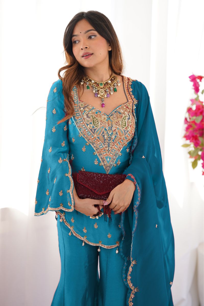 Teal Blue Heavy Simar Silk Embroidered Sharara Suit Set with Dupatta RTI