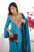Teal Blue Heavy Simar Silk Embroidered Sharara Suit Set with Dupatta RTI