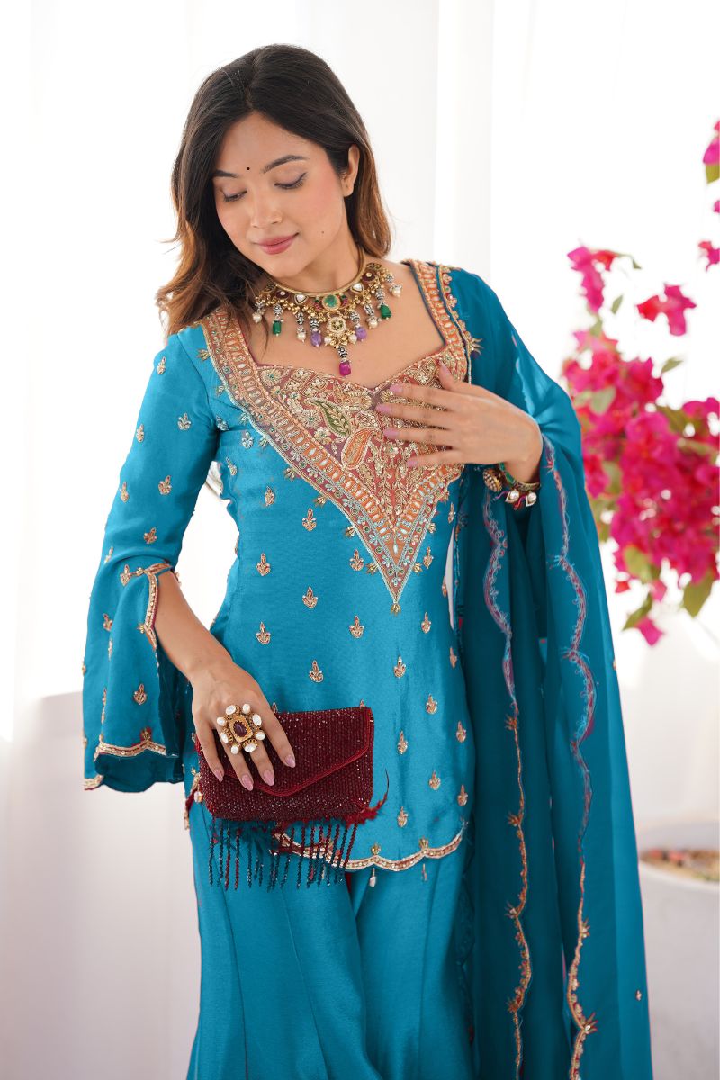 Teal Blue Heavy Simar Silk Embroidered Sharara Suit Set with Dupatta RTI