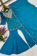 Teal Blue Heavy Simar Silk Embroidered Sharara Suit Set with Dupatta RTI