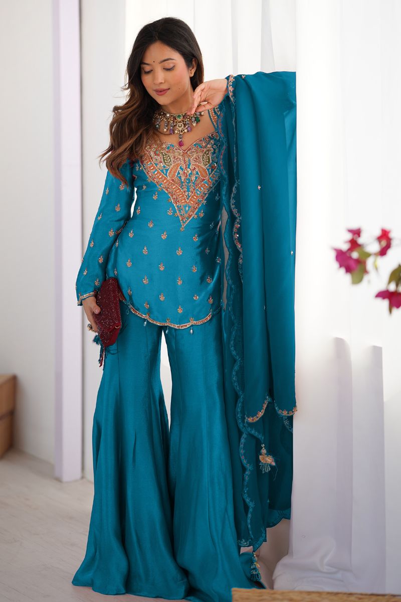 Teal Blue Heavy Simar Silk Embroidered Sharara Suit Set with Dupatta RTI