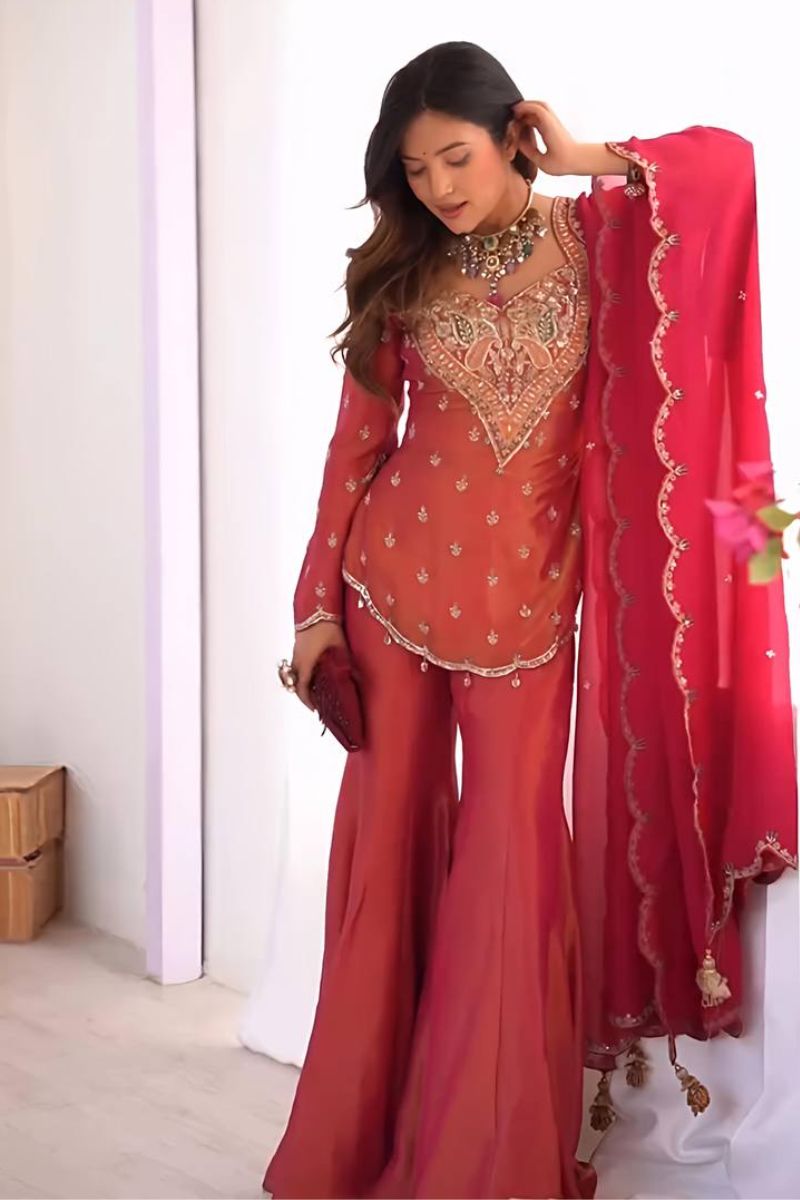 Pink Heavy Simar Silk Embroidered Sharara Suit Set with Dupatta RTI