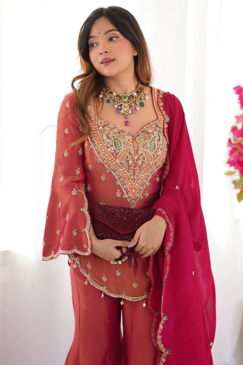 Pink Heavy Simar Silk Embroidered Sharara Suit Set with Dupatta RTI