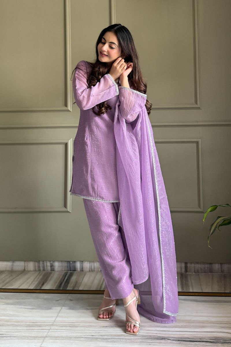 Lavender Swarovski Salwar Suit UK | Premium Crunchy Silk Kurta Set RTI