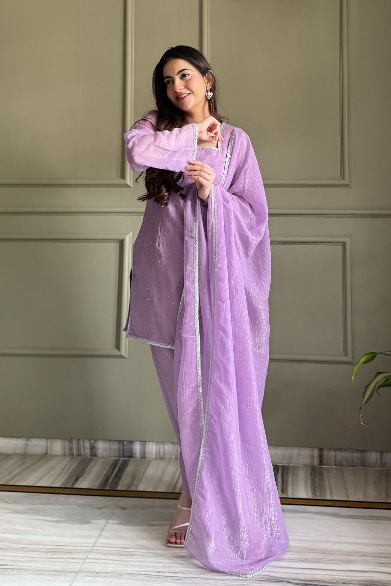 Lavender Swarovski Salwar Suit UK | Premium Crunchy Silk Kurta Set RTI