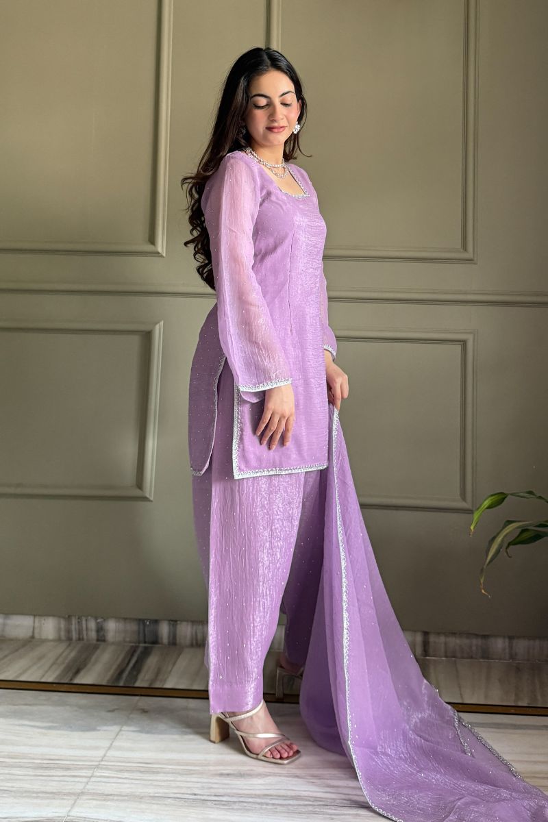 Lavender Swarovski Salwar Suit UK | Premium Crunchy Silk Kurta Set RTI