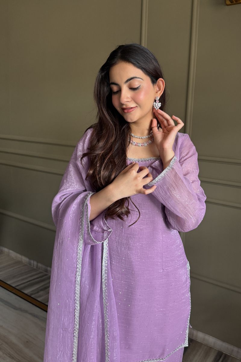 Lavender Swarovski Salwar Suit UK | Premium Crunchy Silk Kurta Set RTI