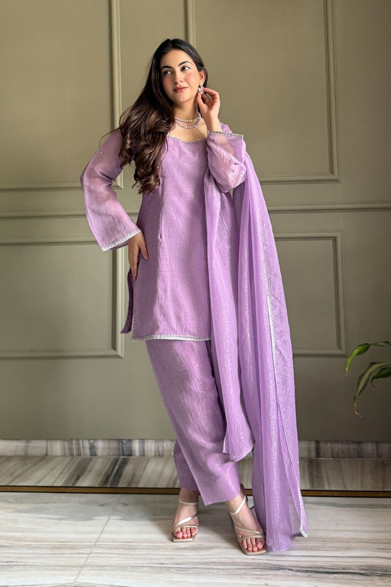 Lavender Swarovski Salwar Suit UK | Premium Crunchy Silk Kurta Set RTI