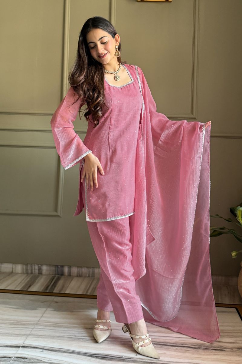 Pink Swarovski Salwar Suit UK | Premium Crunchy Silk Kurta Set RTI