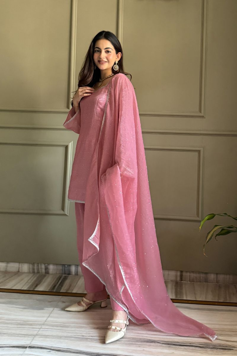 Pink Swarovski Salwar Suit UK | Premium Crunchy Silk Kurta Set RTI