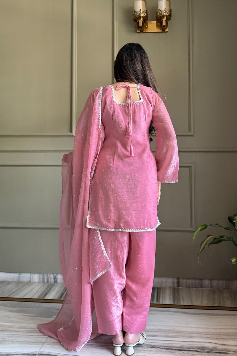 Pink Swarovski Salwar Suit UK | Premium Crunchy Silk Kurta Set RTI