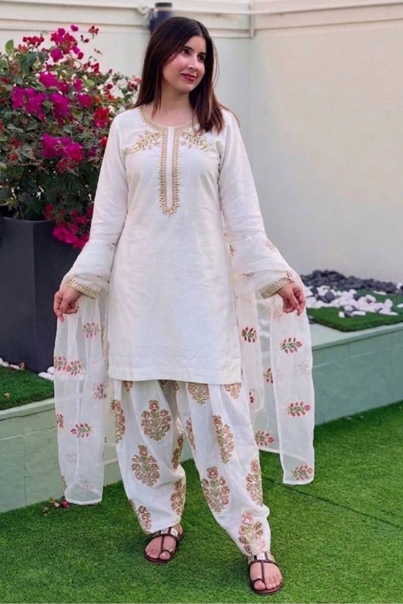 Elegant White Crepe Silk Salwar Suit UK | Embroidered Thread & Sequin Work Kurta Set with Dupatta RTI