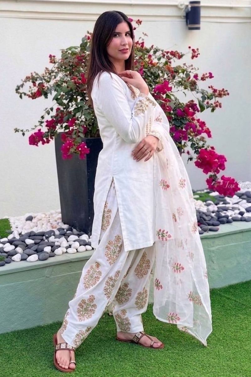 Elegant White Crepe Silk Salwar Suit UK | Embroidered Thread & Sequin Work Kurta Set with Dupatta RTI