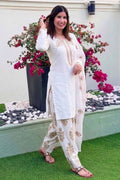Elegant White Crepe Silk Salwar Suit UK | Embroidered Thread & Sequin Work Kurta Set with Dupatta RTI