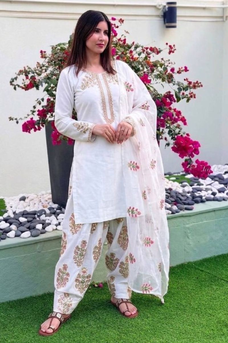 Elegant White Crepe Silk Salwar Suit UK | Embroidered Thread & Sequin Work Kurta Set with Dupatta RTI