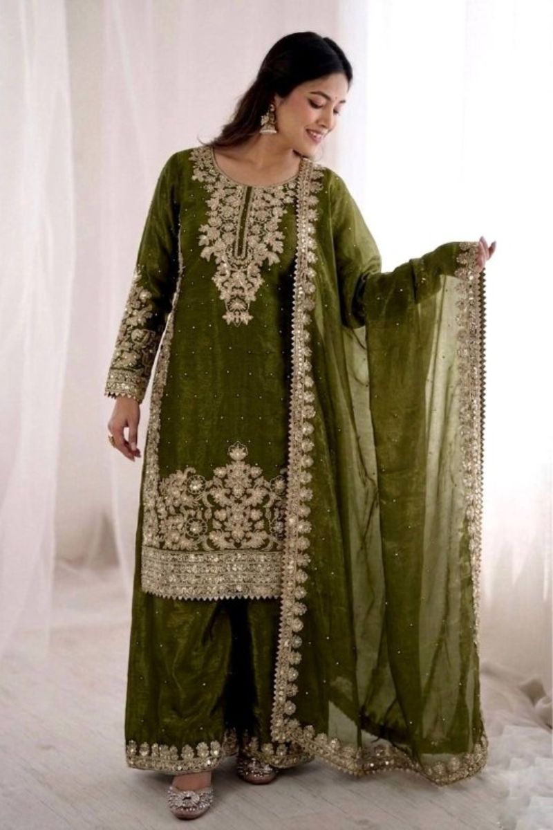 Premium Mehendi Green GMY Silk Salwar Suit UK | Heavy Embroidered Sequin & Moti Work Kurta Set with Dupatta RTI