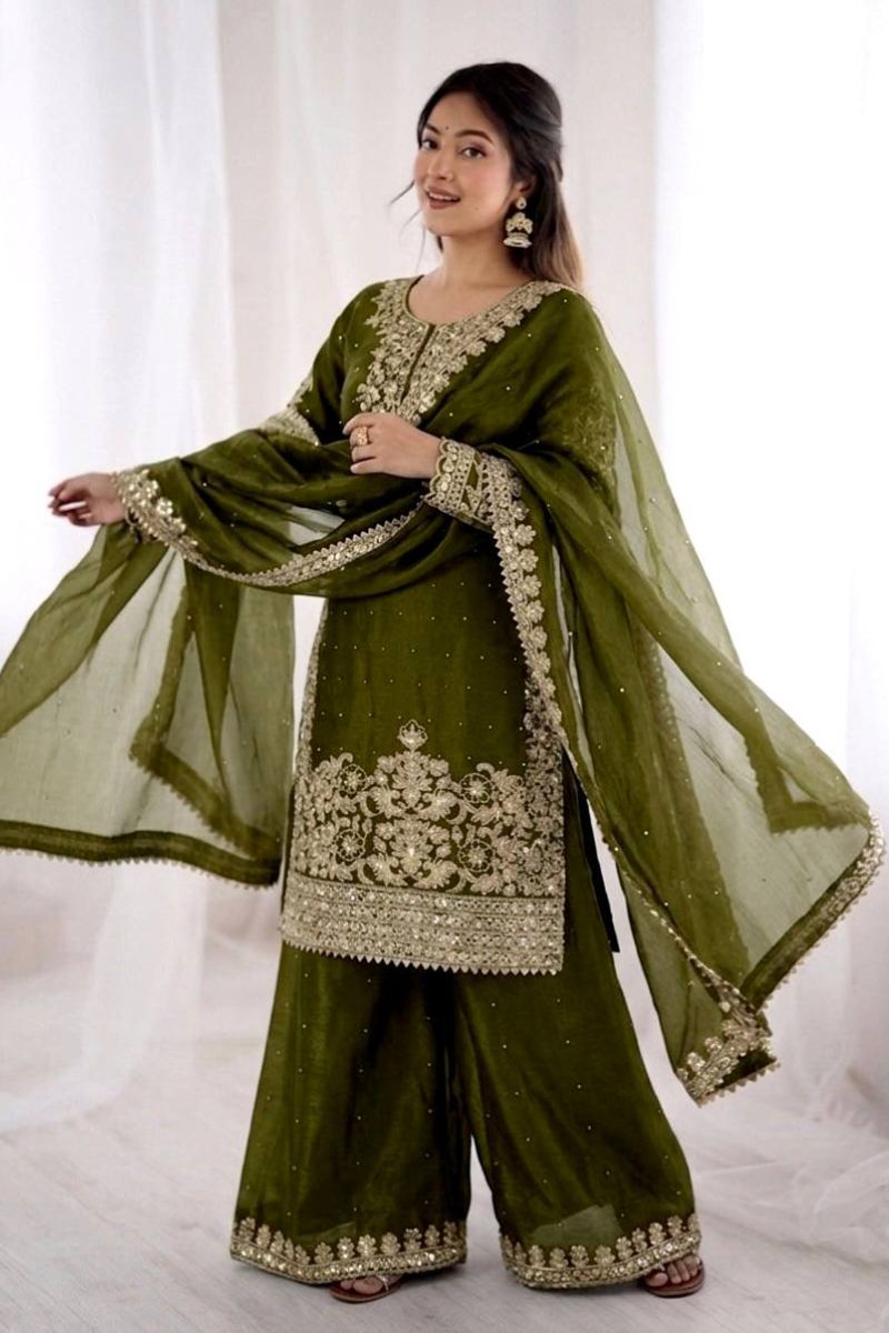 Premium Mehendi Green GMY Silk Salwar Suit UK | Heavy Embroidered Sequin & Moti Work Kurta Set with Dupatta RTI