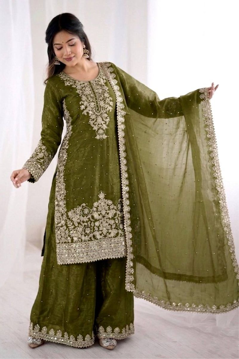 Premium Mehendi Green GMY Silk Salwar Suit UK | Heavy Embroidered Sequin & Moti Work Kurta Set with Dupatta RTI
