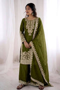 Premium Mehendi Green GMY Silk Salwar Suit UK | Heavy Embroidered Sequin & Moti Work Kurta Set with Dupatta RTI