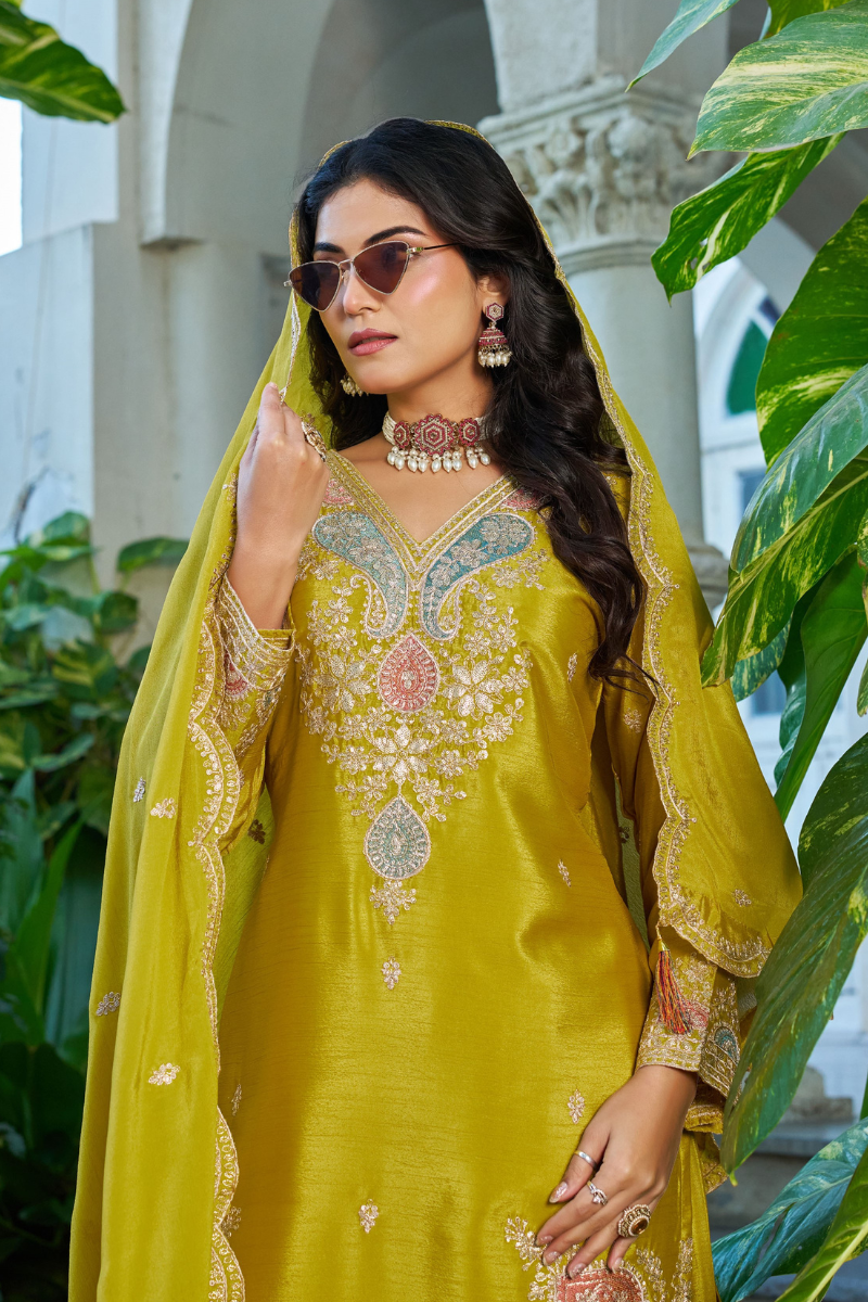 Yellow Chinnon Embroidered Salwar Suit Set with Dupatta RTI