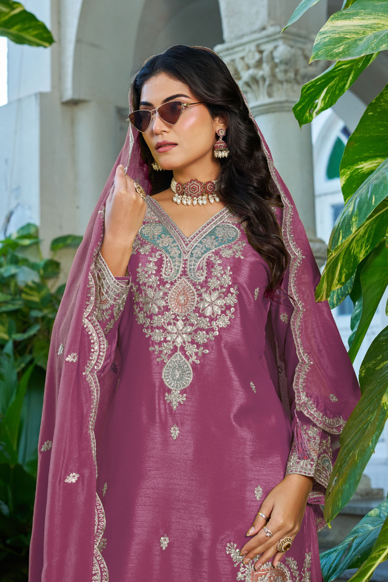 Pink Chinnon Embroidered Salwar Suit Set with Dupatta (Copy) RTI