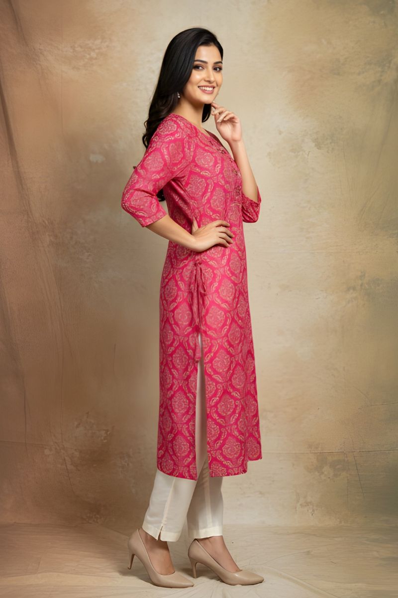Pink Cotton Printed Kurti for Women – Elegant Straight Fit PR