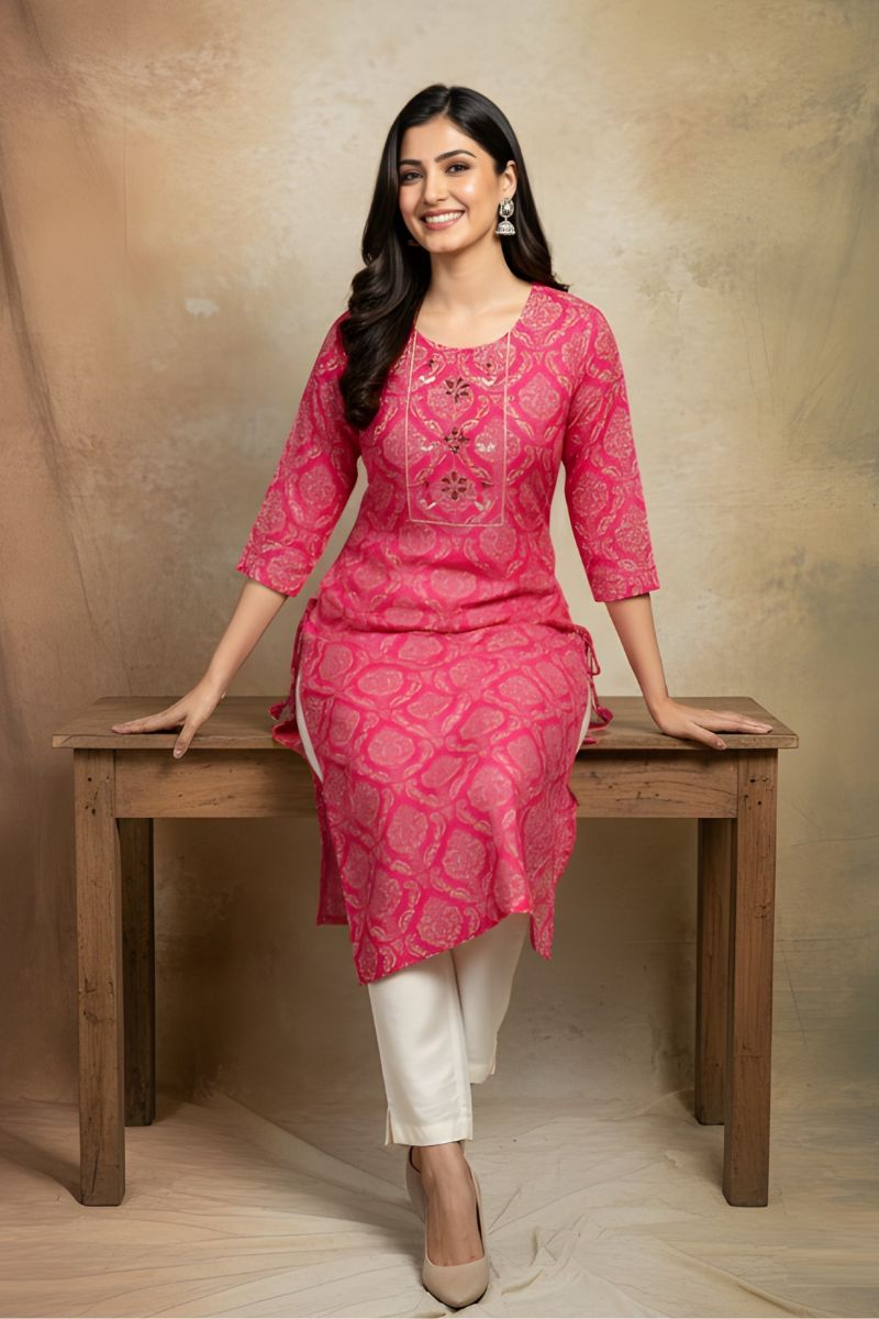 Pink Cotton Printed Kurti for Women – Elegant Straight Fit PR