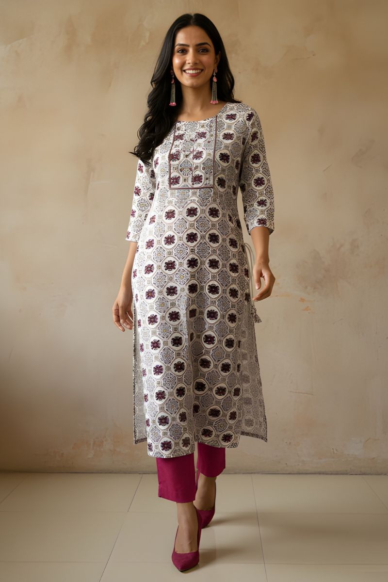 White Cotton Printed Kurti for Women – Elegant Straight Fit PR