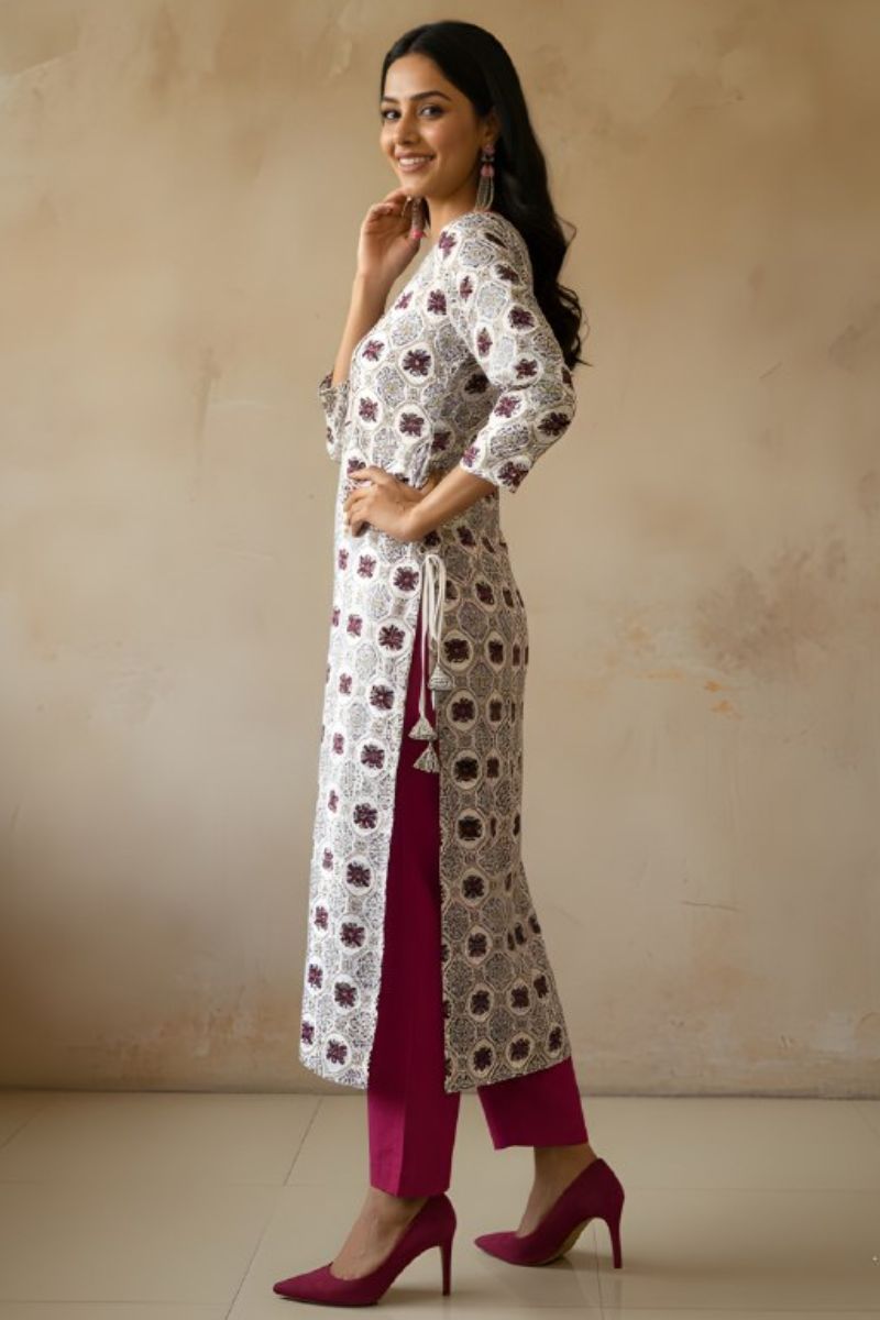 White Cotton Printed Kurti for Women – Elegant Straight Fit PR