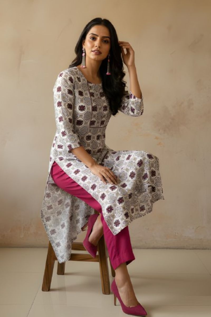 White Cotton Printed Kurti for Women – Elegant Straight Fit PR