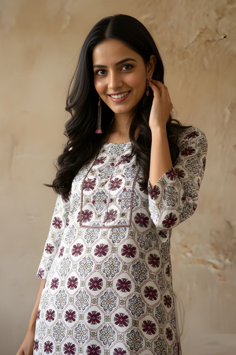 White Cotton Printed Kurti for Women – Elegant Straight Fit PR