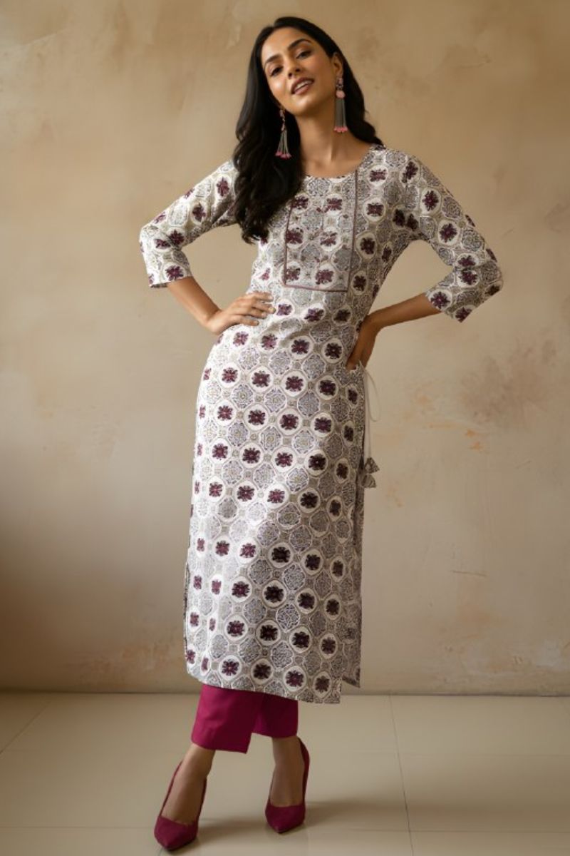 White Cotton Printed Kurti for Women – Elegant Straight Fit PR