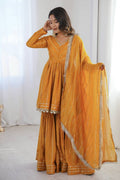 Mustard Mal Chanderi Mirror Work Sharara Suit with Dupatta RTI