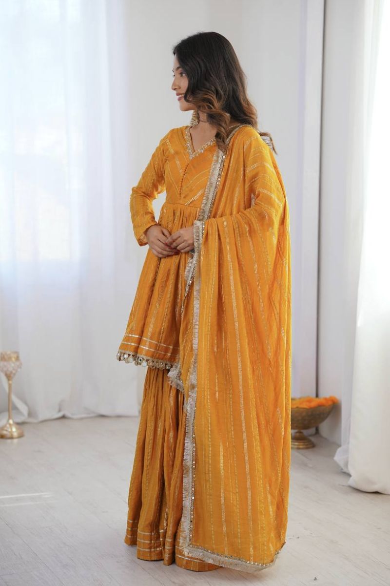 Mustard Mal Chanderi Mirror Work Sharara Suit with Dupatta RTI