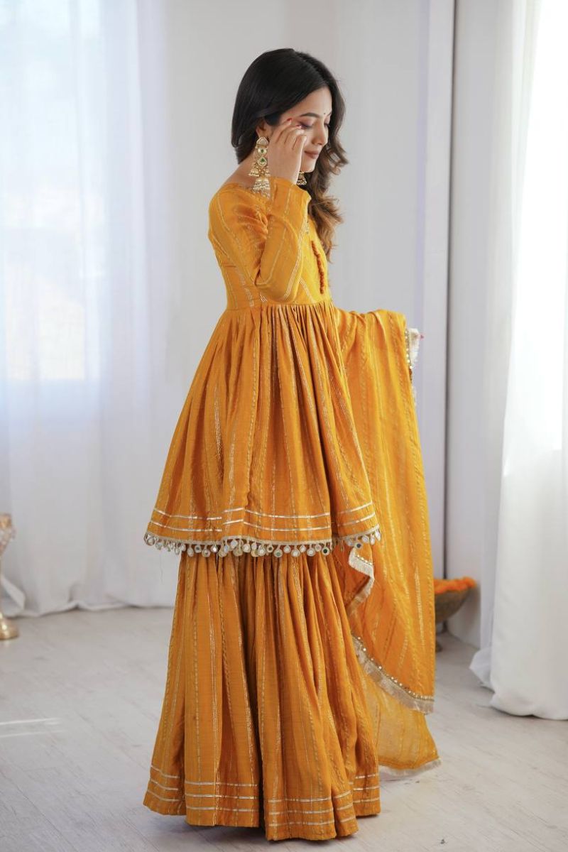 Mustard Mal Chanderi Mirror Work Sharara Suit with Dupatta RTI
