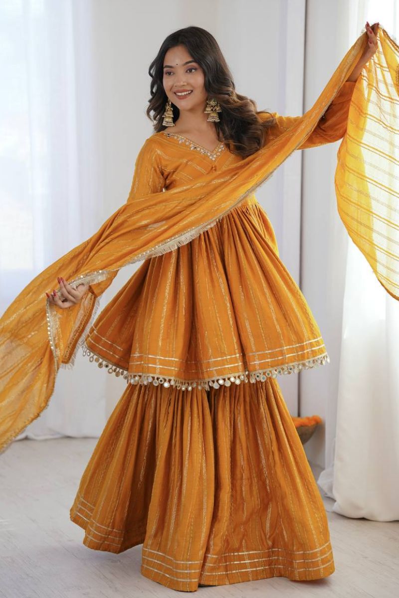 Mustard Mal Chanderi Mirror Work Sharara Suit with Dupatta RTI