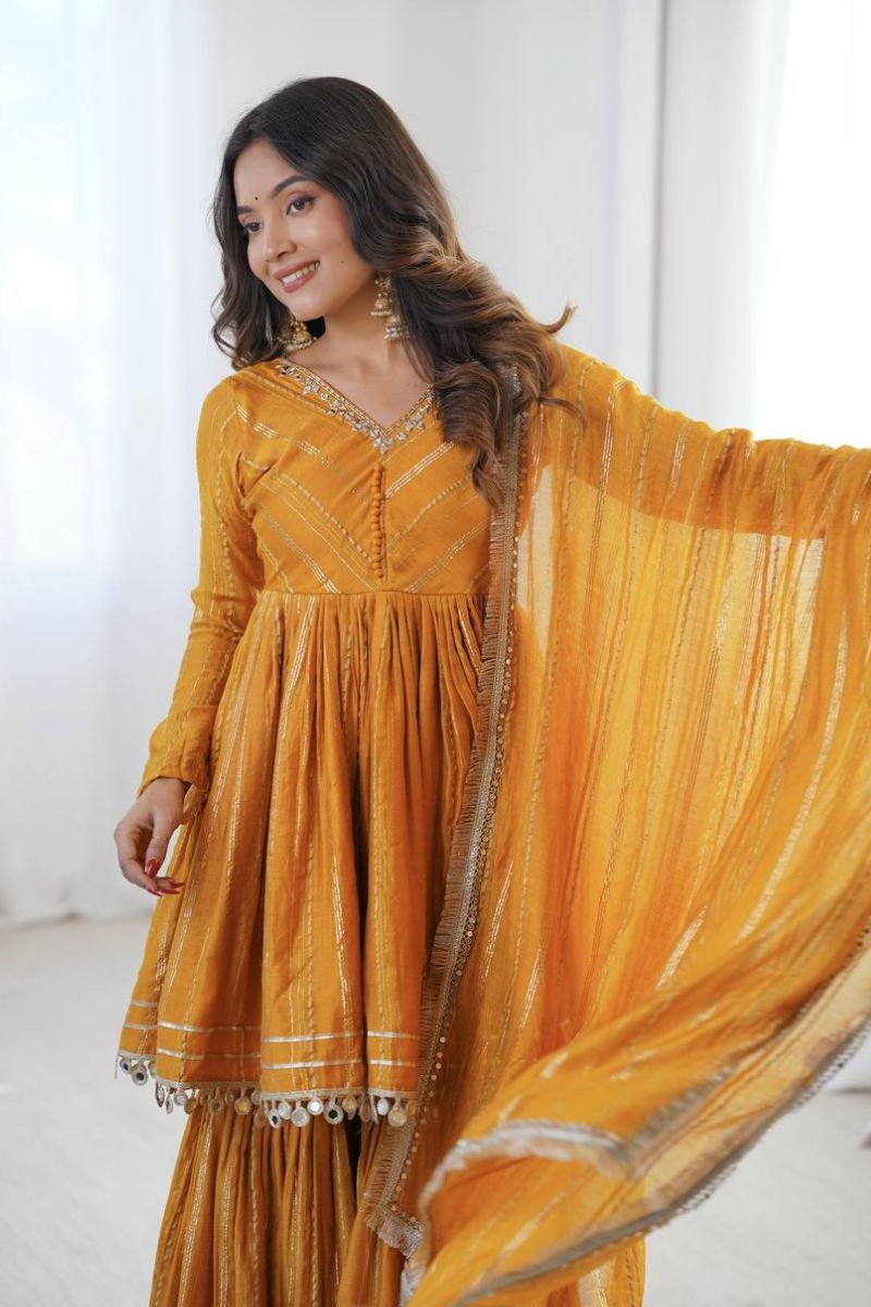 Mustard Mal Chanderi Mirror Work Sharara Suit with Dupatta RTI