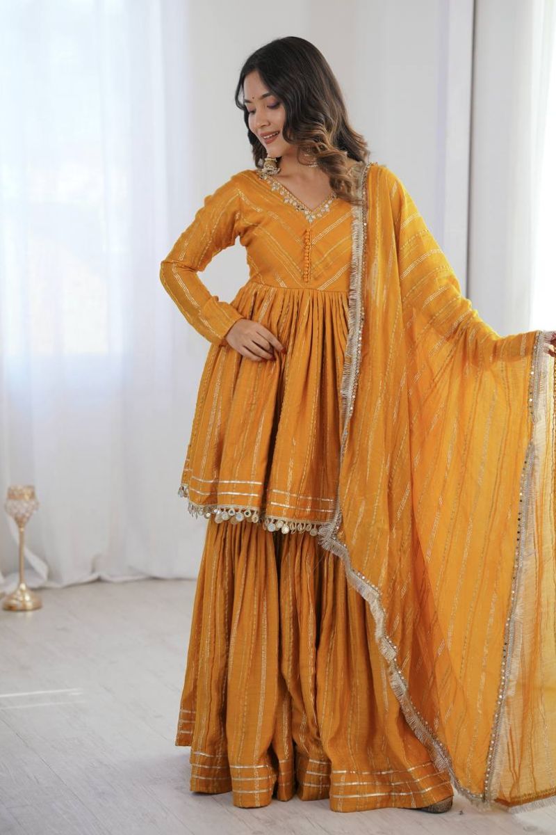 Mustard Mal Chanderi Mirror Work Sharara Suit with Dupatta RTI